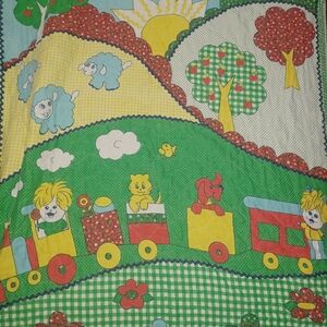 Vintage 70s That's Our Baby Quilt Crib Baby Blanket Train Sheep Green Gingham